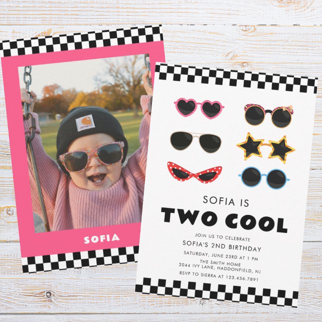 Modern Two Cool Sunglasses Girl 2nd Birthday  Invitation (Creator Uploaded)