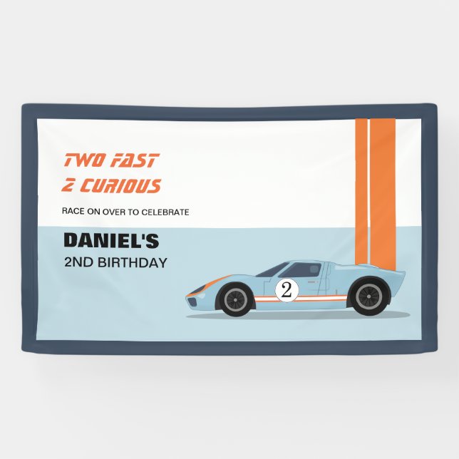 Modern Two Fast Race Car Boy 2nd Birthday Banner (Horizontal)