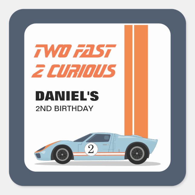 Modern Two Fast Race Car Boy 2nd Birthday Square Sticker (Front)