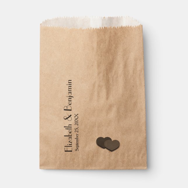 Modern Two Hearts Personalised Names Date Wedding Favour Bag (Front)