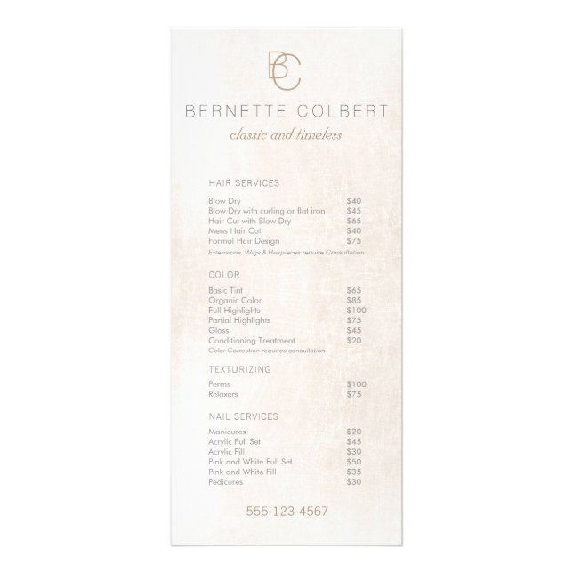 Modern Two Initial Monogram  Salon Price List Menu (Front)