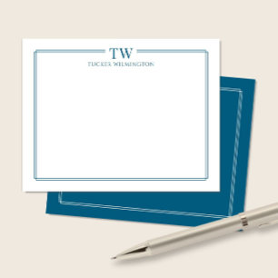Modern Two Initials Ocean Blue Border Stationery Card