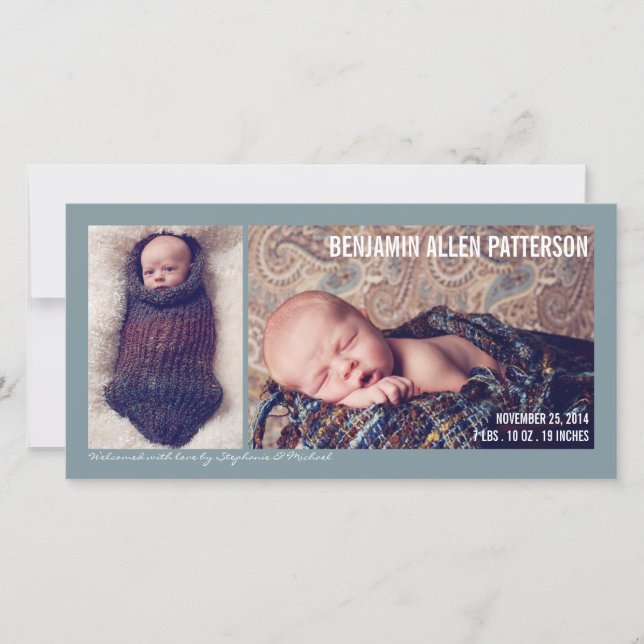 Modern Two Photo Baby Boy Birth Announcement (Front)
