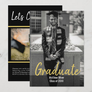 Modern Two Photo Black & Gold Graduation Invitation