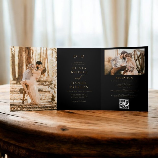 Modern Two Photo Gold Black Wedding Tri-Fold Invitation (Creator Uploaded)