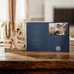 Modern Two Photo Gold Navy Blue Wedding Tri-Fold Invitation