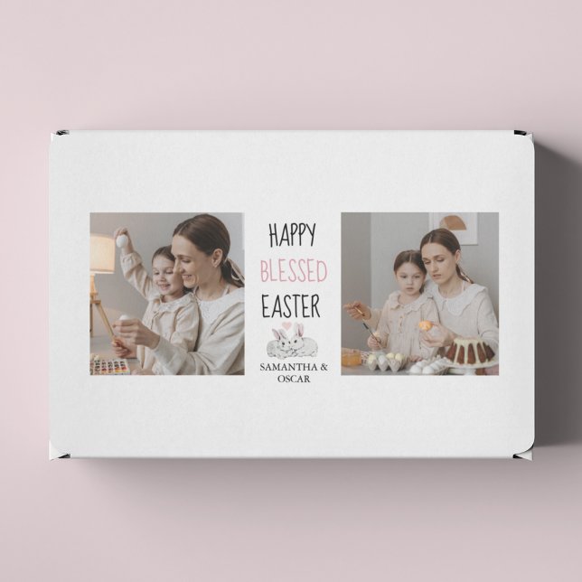 Modern Two Photo | Happy Blessed Easter | Bunny Rectangular Sticker (Creator Uploaded)