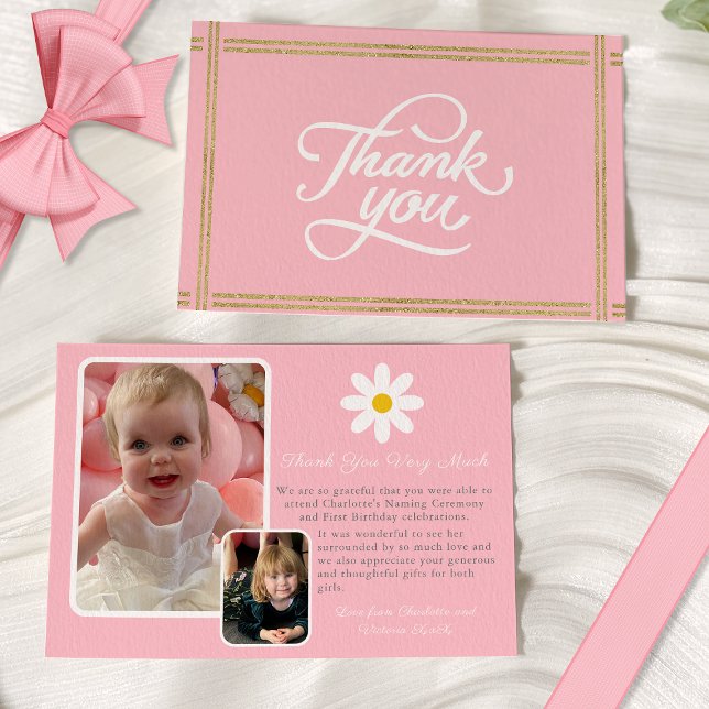 Modern Two Photo Pink White Gold Daisy Thank You Card (Creator Uploaded)