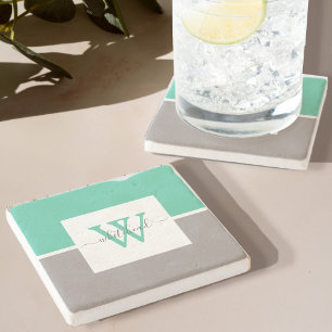 Modern Two Tone Monogram Mint Green Taupe Stone Coaster