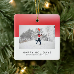 Modern Two-Tone Red Watercolor Photo Holiday Ceramic Ornament