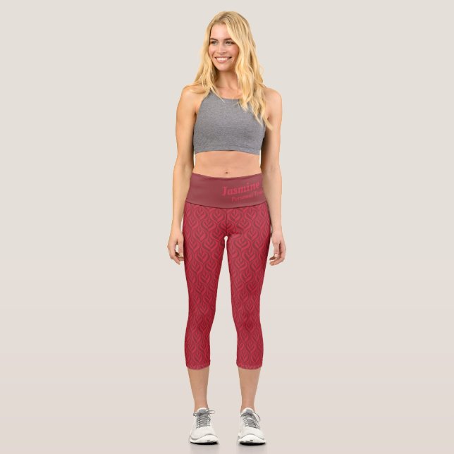 Modern two toned red pattern name and business capri leggings (Front)