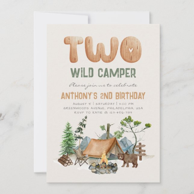 Modern Two Wild Camper Woodland 2nd Invitation (Front)
