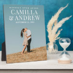 Modern Type Photo Wedding Keepsake Plaque<br><div class="desc">This wedding keepsake plaque features couple's wedding photo and modern type overlay type. Click the edit button to customise this design.</div>