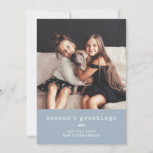 Modern Typewriter and Photo on Blue Fog   Gingham Holiday Card