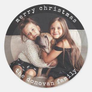 Modern Typewriter   Black and White Holiday Photo Classic Round Sticker