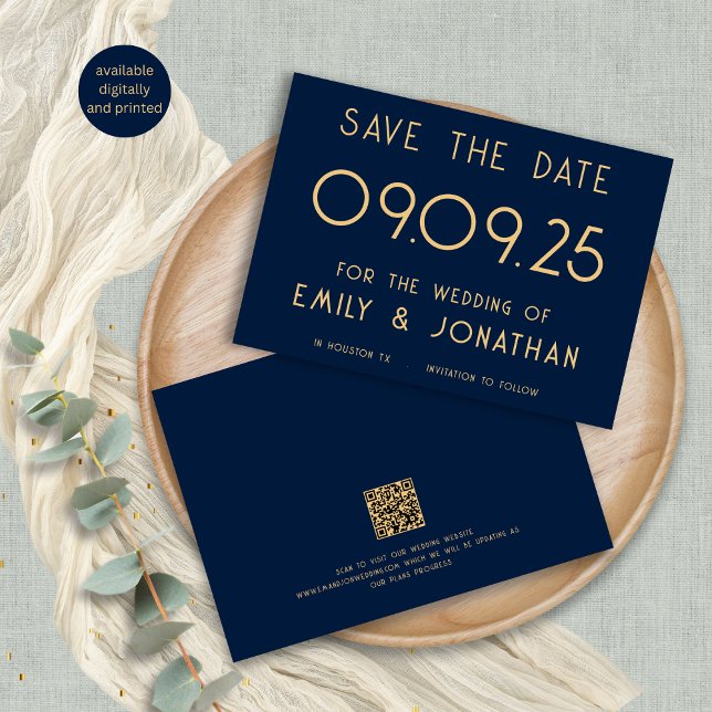Modern Typograph Navy Gold Wedding Save The Date (Front and back view)
