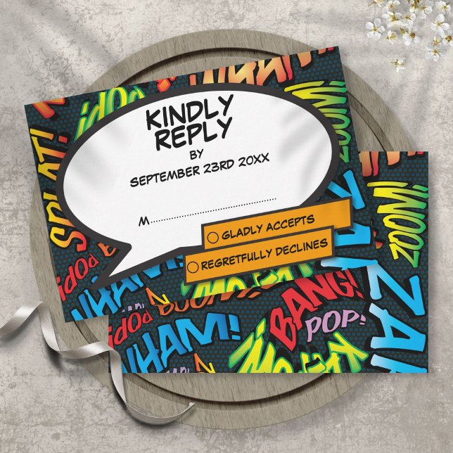 Modern Typographic Comic Book Wedding RSVP Card (Creator Uploaded)