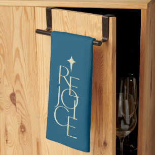 Modern, typographic REJOICE & star Christmas Tea Towel