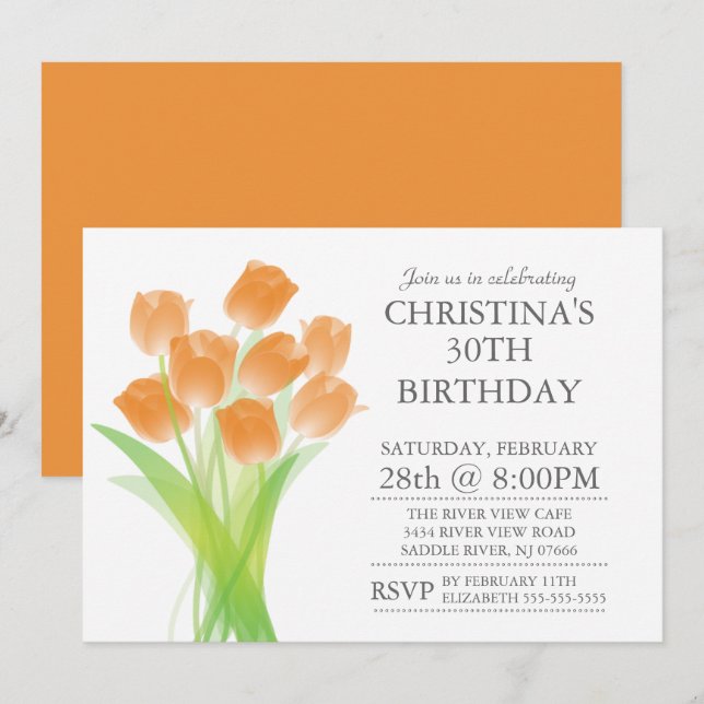 Modern Typographic Tulip Flowers Birthday Party Invitation (Front/Back)