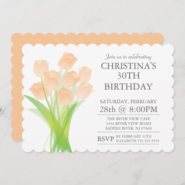 Modern Typographic Tulip Flowers Birthday Party Invitation (Front/Back)