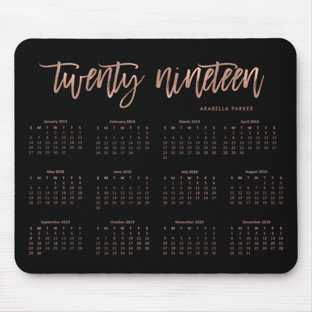 Modern Typography 2019 Calendar | Faux Rose Gold Mouse Pad (Front)