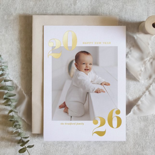 Modern Typography 2025 Happy New Year Gold Foil Holiday Card (Customizable modern photo 2026 Happy New Year card featuring gold foil texts.)