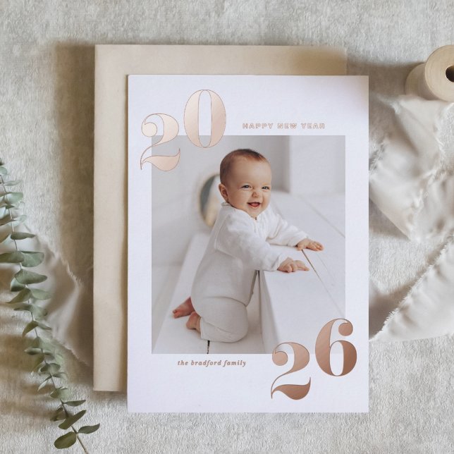 Modern Typography 2025 Happy New Year Gold Foil Holiday Card (Customizable modern photo 2026 Happy New Year card featuring rose gold foil texts.)