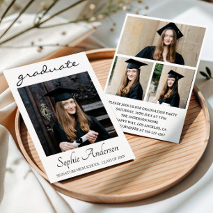 Modern Typography 3 Photo Collage Graduation Party Invitation
