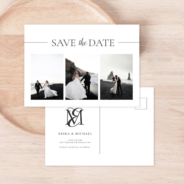Modern Typography 3 Photo Wedding Save the Date Announcement Postcard (Creator Uploaded)