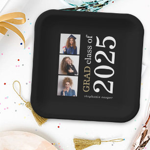 Modern Typography 3 photos Black 2022 Graduation Paper Plate