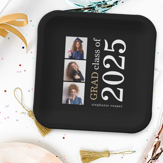 Modern Typography 3 photos Black 2025 Graduation Paper Plate (Creator Uploaded)