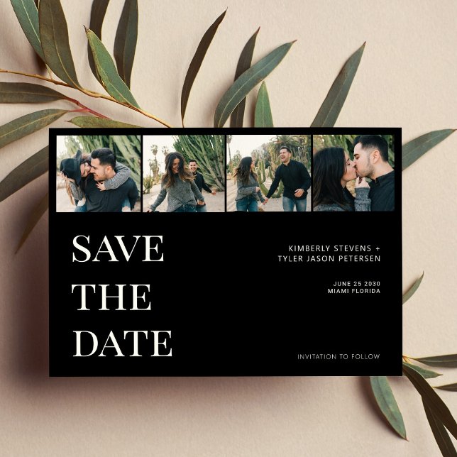 Modern typography 4 photo collage black wedding save the date (Creator Uploaded)
