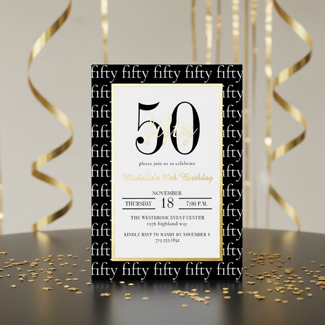 Modern Typography 50th Birthday Party Black Gold  (Creator Uploaded)