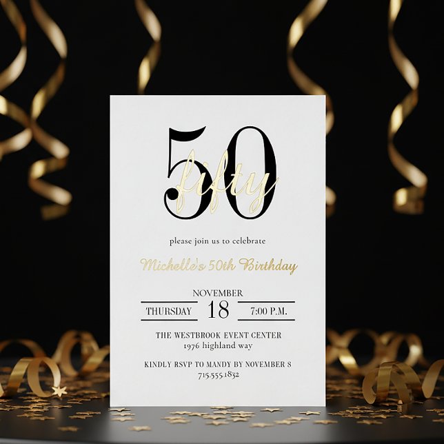 Modern Typography 50th Birthday White Black Gold (Creator Uploaded)