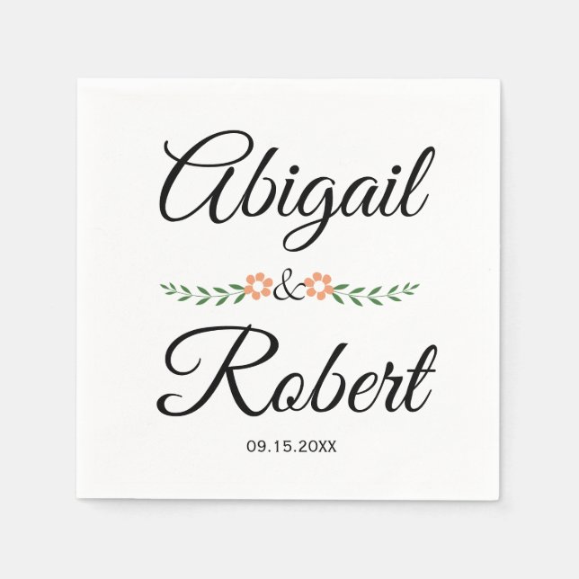 Modern typography and peach flowers wedding napkin (Front)