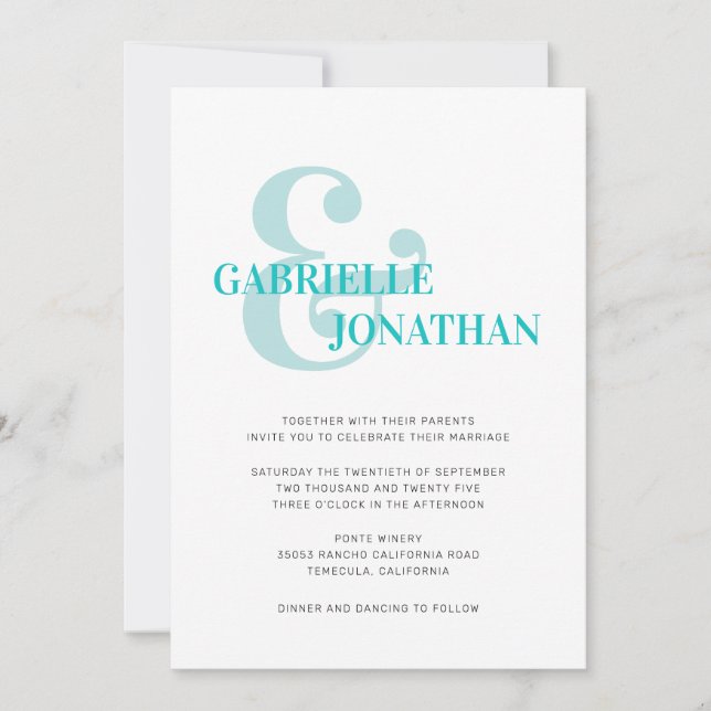 Modern Typography Aqua Wedding Invitation (Front)
