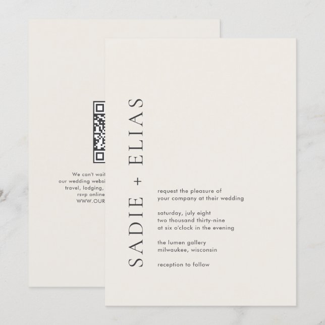 Modern Typography Beige Elegant QR Code Wedding Invitation (Front/Back)