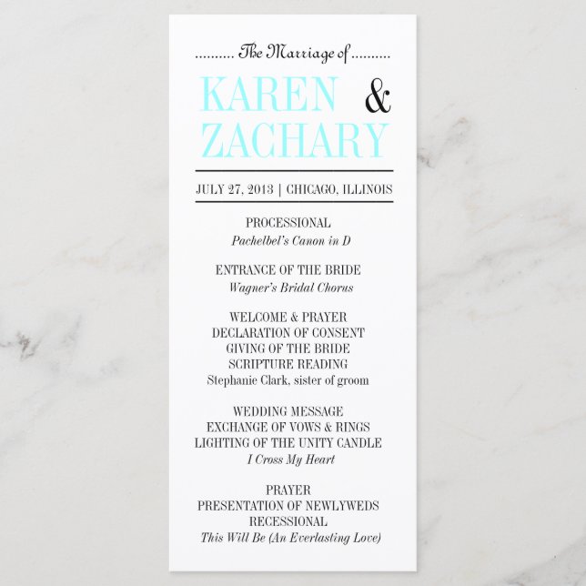 Modern Typography Black and Aqua Wedding Program (Front)