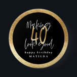 Modern typography black and gold 40th birthday 7.5 cm round badge<br><div class="desc">Modern typography black and gold 40th birthday party buttons</div>