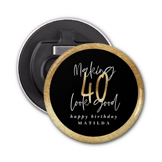 Modern typography black and gold 40th birthday bottle opener (Front)