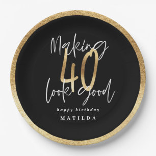 Modern typography black and gold 40th birthday paper plate
