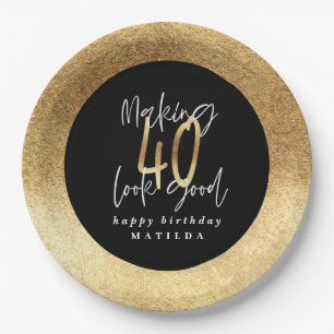 Modern typography black and gold 40th birthday paper plate