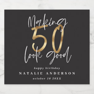 Modern typography black and gold 50th birthday beer bottle label