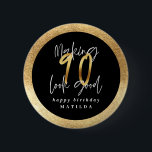 Modern typography black and gold 90th birthday 6 cm round badge<br><div class="desc">Modern typography black and gold 90th birthday party</div>