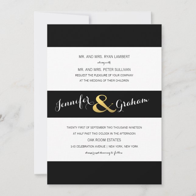 Modern Typography Black and White Stripes | Gold Invitation (Front)