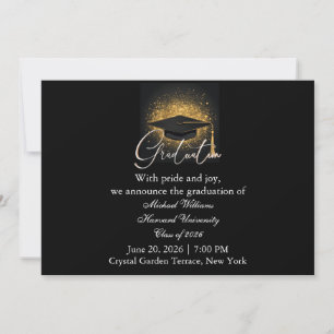 Modern Typography Black Cap Monochrome Graduation  Invitation