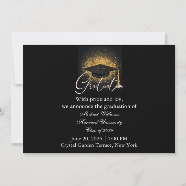 Modern Typography Black Cap Monochrome Graduation  Invitation (Front)