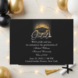 Modern Typography Black Cap Monochrome Graduation Invitation