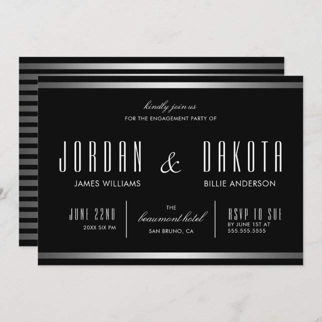 Modern Typography Black & Silver Engagement Party Invitation (Front/Back)