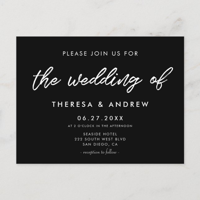 Modern typography black wedding invitation postcard (Front)